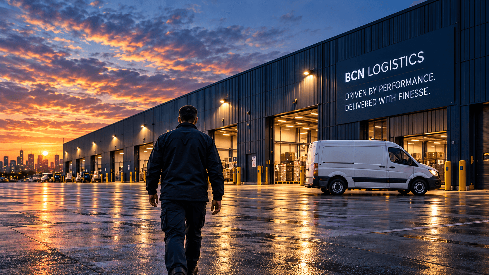 A BCN driver walking across a depot forecourt at sunset toward the loading bays, with a delivery van parked outside