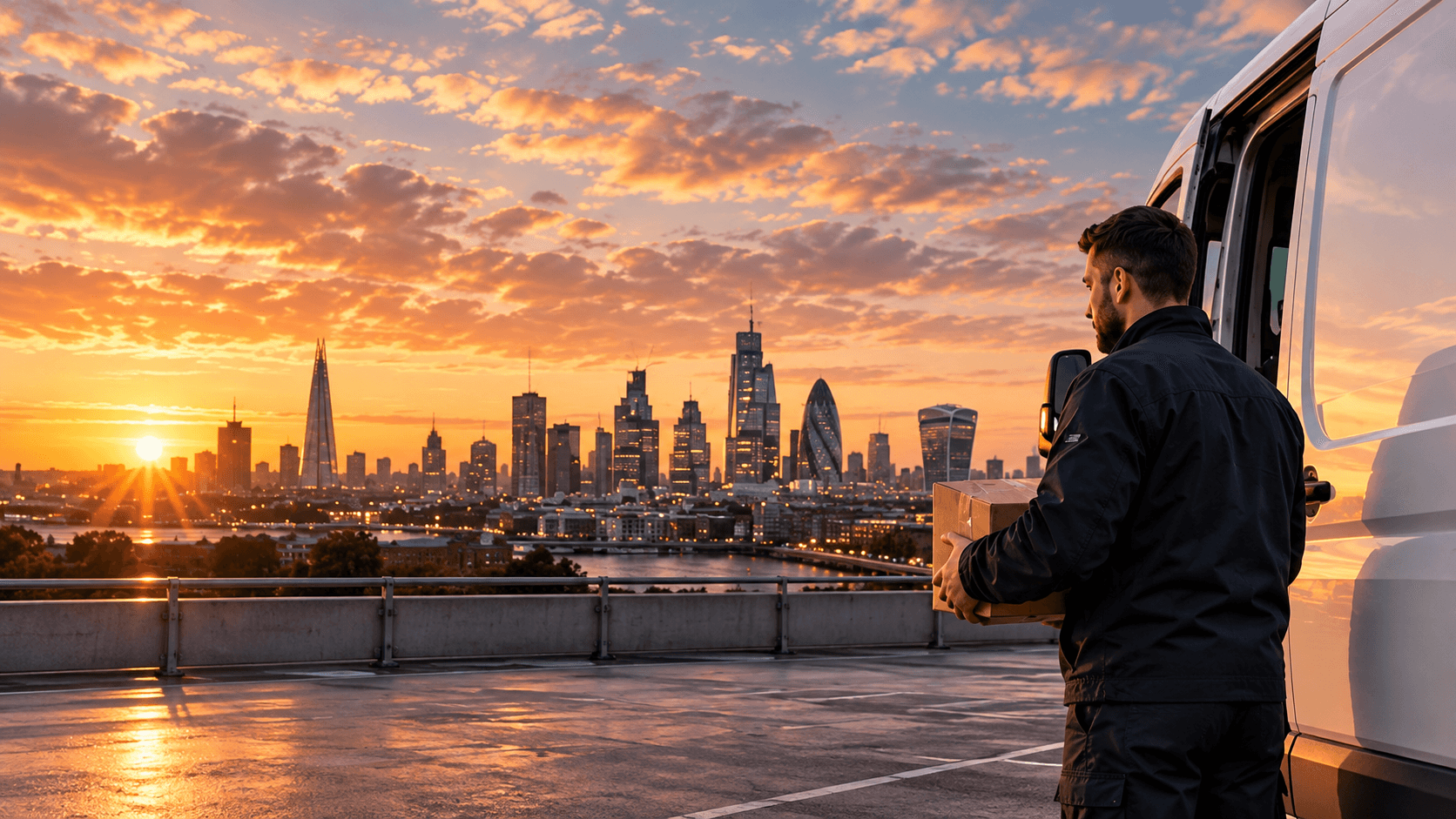 A BCN driver carrying a parcel to a delivery van, with the London skyline at sunset behind