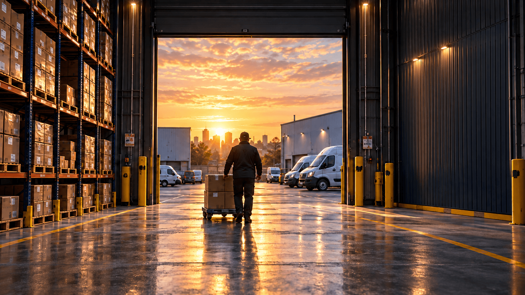 A worker pushing a trolley of boxes out of a depot loading bay at dusk