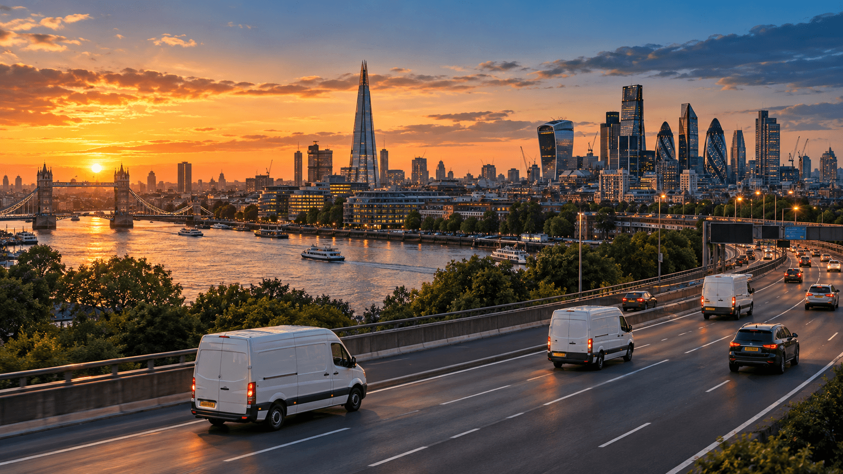Delivery vans on a road beside the Thames at sunset, with Tower Bridge and the London skyline behind